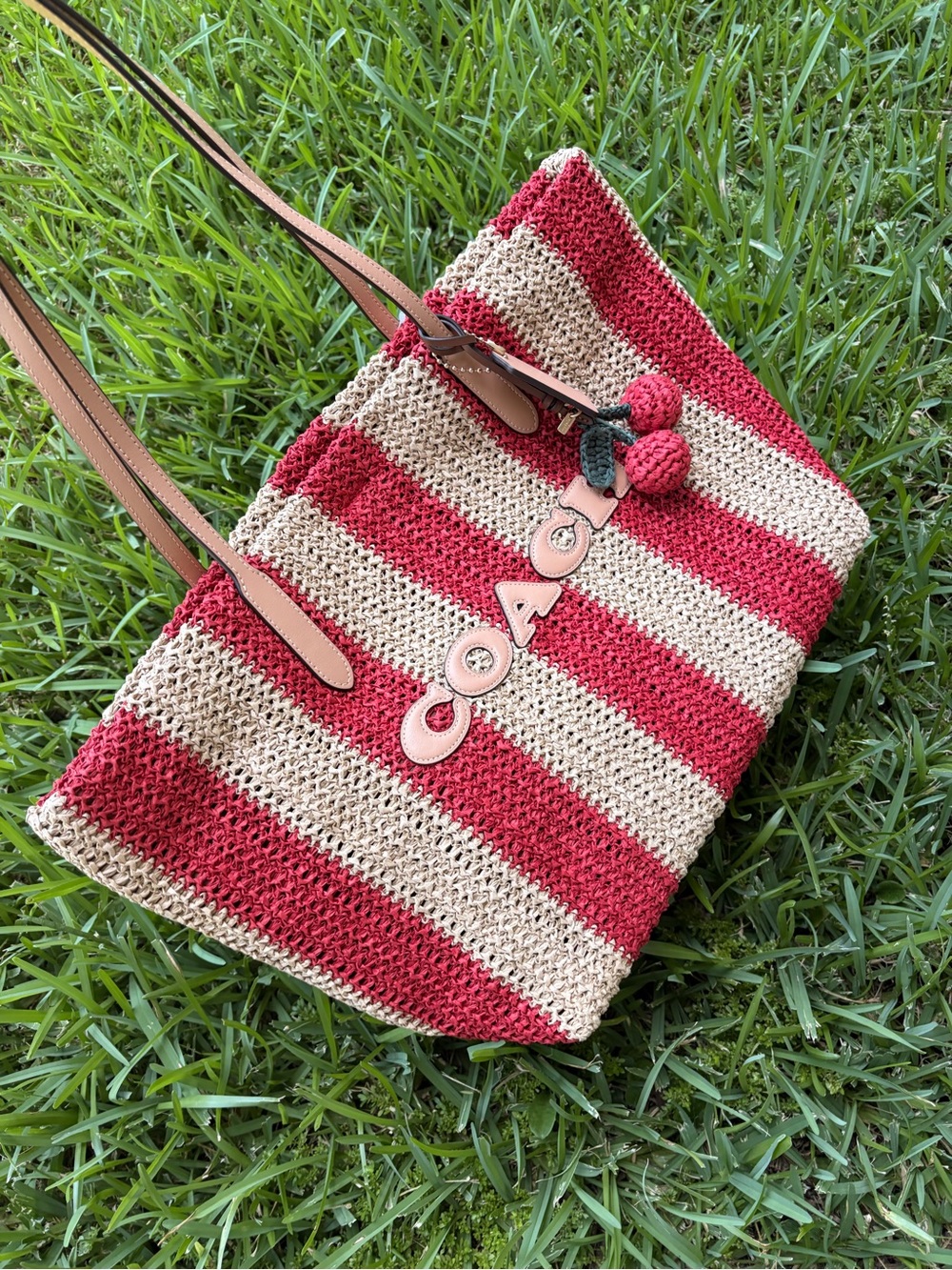 Coach Red and Cream Striped Crochet Tote with Pom-Pom Charm straw city tote new - Picture 5 of 16